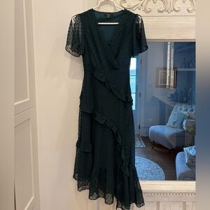 Lulu's Dark Green Midi Dress with Ruffles